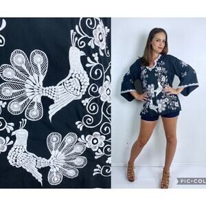 vintage 70s Chuchi Black EMBROIDERED PEACOCK Bell Sleeve TUNIC Large handmade